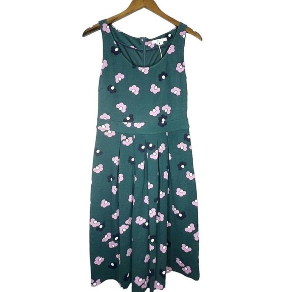Boden Joanna Ponte Green Fit & Flare Pink Daisy Sleeveless Pleated Dress Sz 4R - Picture 4 of 11